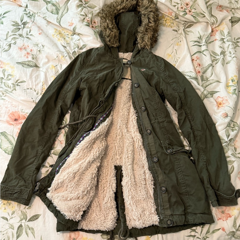 Hollister Olive Jacket with Faux Fur Hood